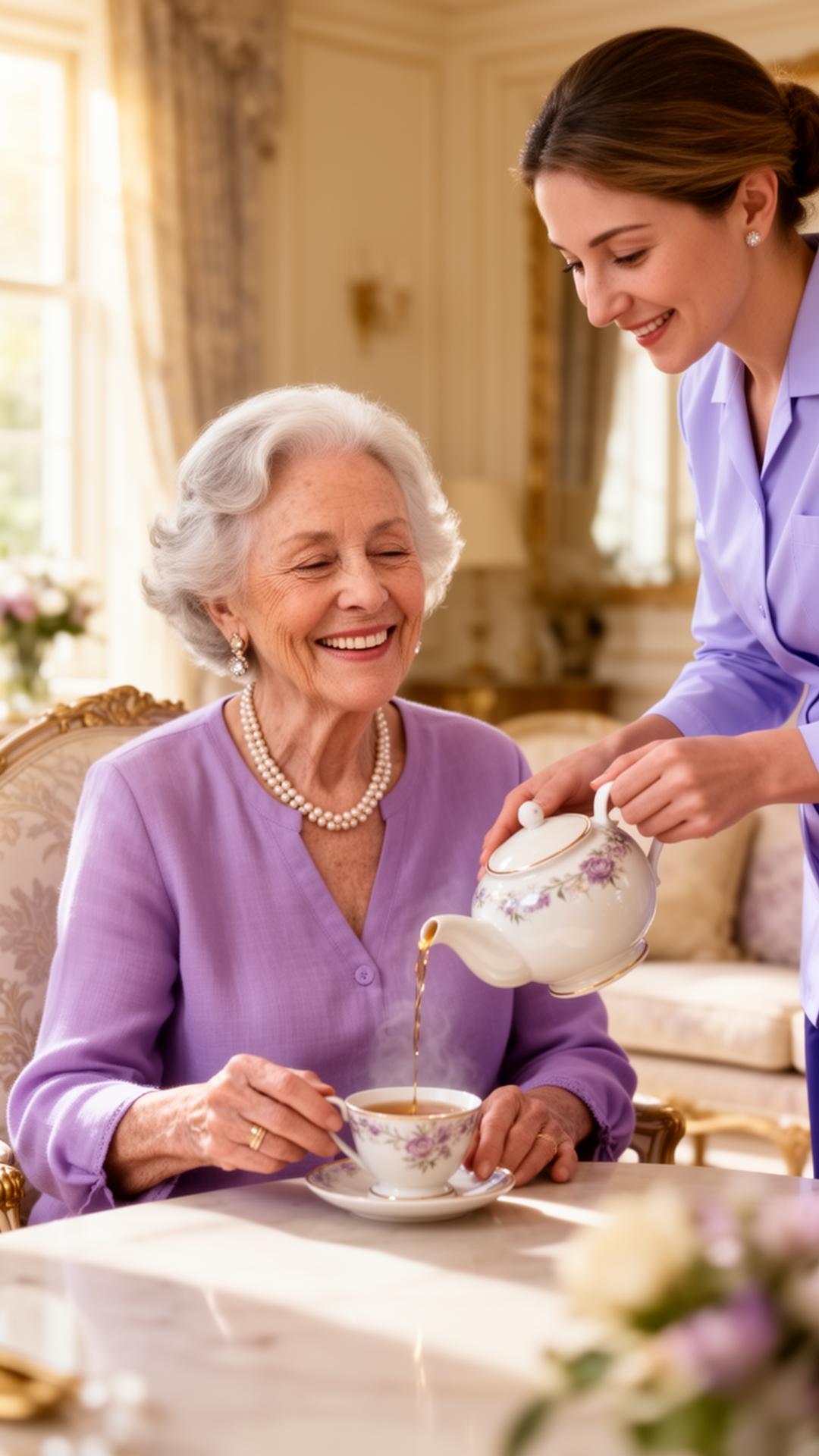Caregiver pouring tea for elderly client